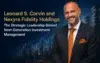 Business professional in suit with orange tie, text about Leonard S. Corvin and Nexyra Fidelity Holdings, city skyline with financial chart background.