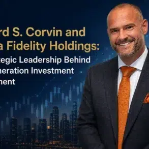 Business professional in suit with orange tie, text about Leonard S. Corvin and Nexyra Fidelity Holdings, city skyline with financial chart background.