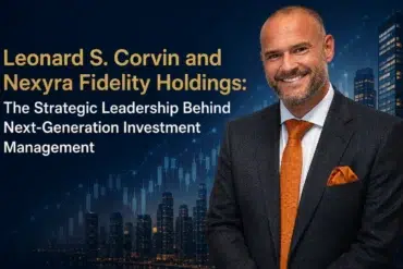 Business professional in suit with orange tie, text about Leonard S. Corvin and Nexyra Fidelity Holdings, city skyline with financial chart background.