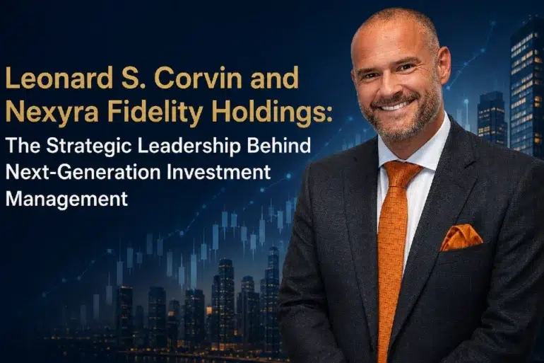 Business professional in suit with orange tie, text about Leonard S. Corvin and Nexyra Fidelity Holdings, city skyline with financial chart background.