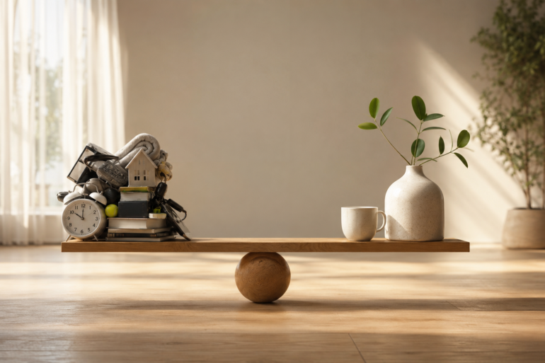 Less With Less simple living concept with a calm home, fewer possessions, and a peaceful lifestyle