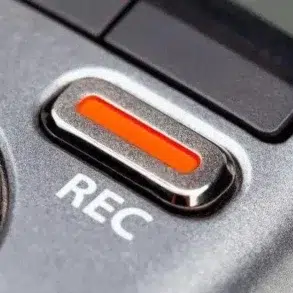 Close-up of a silver recording device with a prominent red REC button, symbolizing activation. The metallic texture adds a sleek, professional feel.