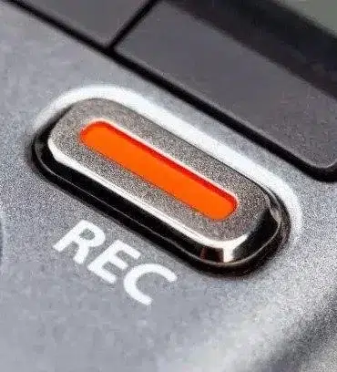 Close-up of a silver recording device with a prominent red REC button, symbolizing activation. The metallic texture adds a sleek, professional feel.