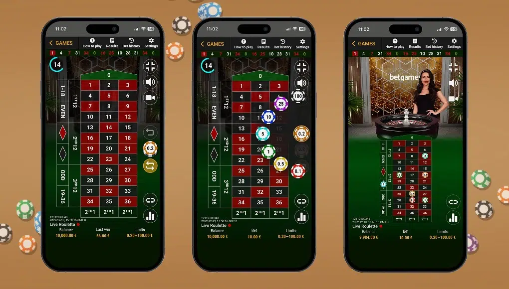 Three smartphones display an online roulette game interface with a host in one image. Background features scattered poker chips on a brown surface.