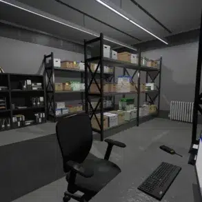 A tidy, well-lit storage room featuring shelves filled with organized boxes and folders. A desk with a computer, keyboard, and chair sits in the foreground.