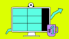 Illustration of a computer monitor with a blue grid, an upward arrow, and a purple #1 trophy mug on a bright yellow background.
