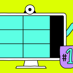 Illustration of a computer monitor with a blue grid, an upward arrow, and a purple #1 trophy mug on a bright yellow background.