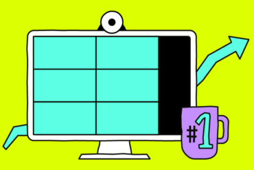 Illustration of a computer monitor with a blue grid, an upward arrow, and a purple #1 trophy mug on a bright yellow background.