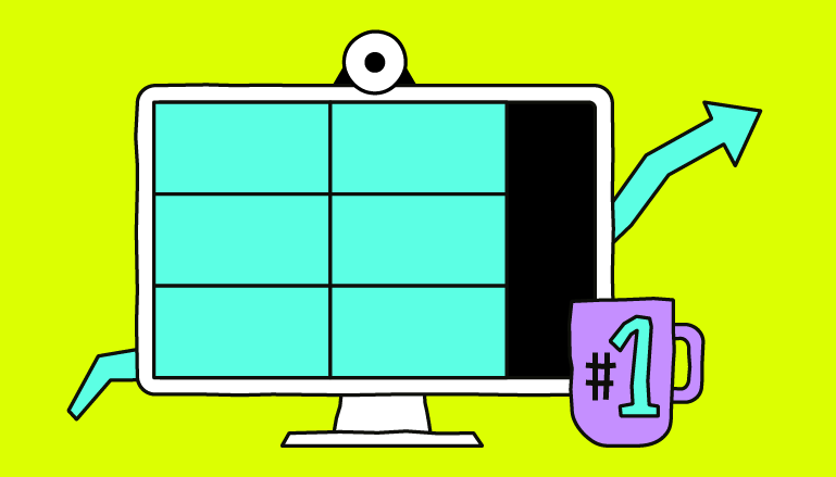 Illustration of a computer monitor with a blue grid, an upward arrow, and a purple #1 trophy mug on a bright yellow background.