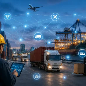 A logistics worker using a tablet at a busy shipping port with trucks, containers, cargo ship, airplane, and glowing IoT network connections showing reliable managed connectivity across supply chain operations.