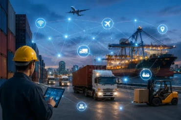 A logistics worker using a tablet at a busy shipping port with trucks, containers, cargo ship, airplane, and glowing IoT network connections showing reliable managed connectivity across supply chain operations.