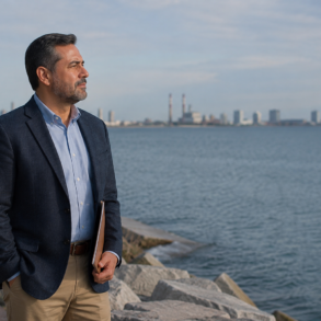 A calm South Lake Michigan shoreline with a subtle city and industrial background representing public search context around Mauricio Pincheira.