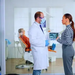 A dentist in a white coat discusses a dental X-ray on a tablet with a woman in a gingham shirt. An older person sits in a dental chair in the background.