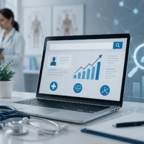 A laptop displays a digital dashboard with growth charts and a search bar in a clinical setting, illustrating the impact of Medical SEO Services for healthcare providers.