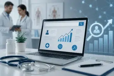 A laptop displays a digital dashboard with growth charts and a search bar in a clinical setting, illustrating the impact of Medical SEO Services for healthcare providers.