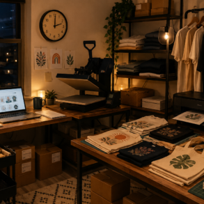Home-based printing and packaging setup for tote bags and t-shirts with botanical and rainbow designs at night.