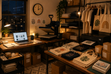 Home-based printing and packaging setup for tote bags and t-shirts with botanical and rainbow designs at night.