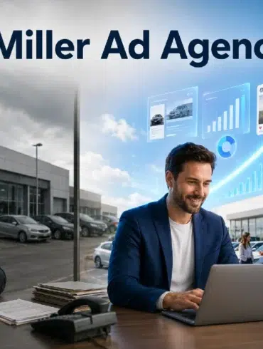 Man in a blue suit smiles at a laptop in a modern office. Imagery of digital graphs and cars suggest thriving business. Overcast sky outside.