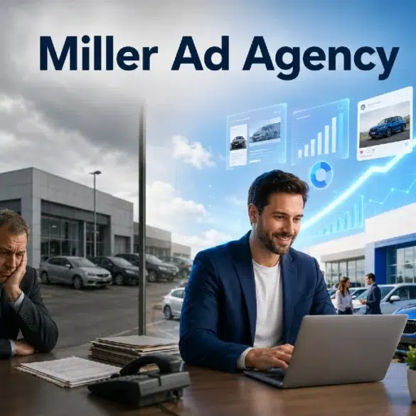 Man in a blue suit smiles at a laptop in a modern office. Imagery of digital graphs and cars suggest thriving business. Overcast sky outside.