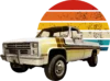 Vintage white pickup truck with brown stripes in front of a retro sun graphic with horizontal stripes in orange, yellow, and blue on a black background.