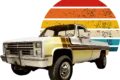 Vintage white pickup truck with brown stripes in front of a retro sun graphic with horizontal stripes in orange, yellow, and blue on a black background.