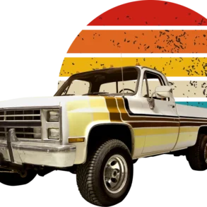 Vintage white pickup truck with brown stripes in front of a retro sun graphic with horizontal stripes in orange, yellow, and blue on a black background.