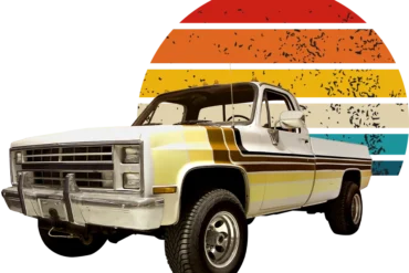 Vintage white pickup truck with brown stripes in front of a retro sun graphic with horizontal stripes in orange, yellow, and blue on a black background.