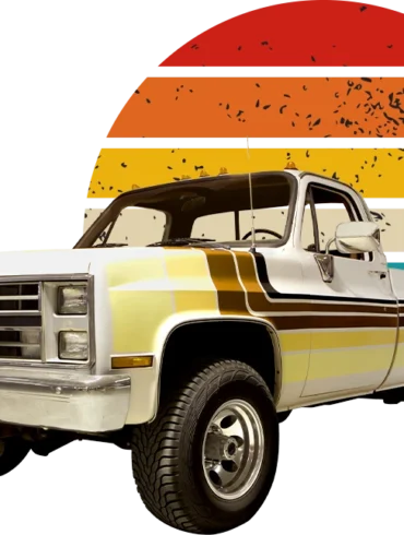 Vintage white pickup truck with brown stripes in front of a retro sun graphic with horizontal stripes in orange, yellow, and blue on a black background.