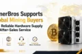 MinerBros ad showcasing mining hardware next to a Bitcoin symbol on a world map background. Highlights reliable service and global trust in bold text.