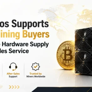 MinerBros ad showcasing mining hardware next to a Bitcoin symbol on a world map background. Highlights reliable service and global trust in bold text.
