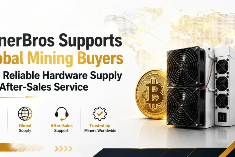 MinerBros ad showcasing mining hardware next to a Bitcoin symbol on a world map background. Highlights reliable service and global trust in bold text.