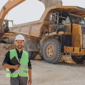 Man in a hard hat and reflective vest smiles while holding documents on a construction site. Large dump truck and excavator in the background.
