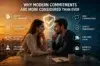 Couple facing each other over a table with coffee, divided backdrop—warm sunset and cool digital hues. Text emphasizes modern commitments: self-awareness, communication, trust, and values.