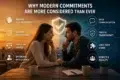 Couple facing each other over a table with coffee, divided backdrop—warm sunset and cool digital hues. Text emphasizes modern commitments: self-awareness, communication, trust, and values.