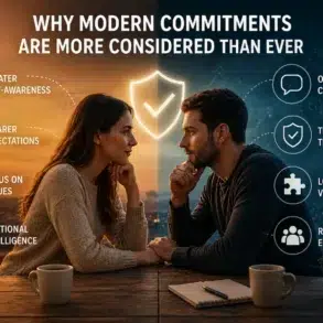 Couple facing each other over a table with coffee, divided backdrop—warm sunset and cool digital hues. Text emphasizes modern commitments: self-awareness, communication, trust, and values.