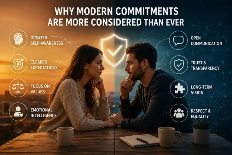 Couple facing each other over a table with coffee, divided backdrop—warm sunset and cool digital hues. Text emphasizes modern commitments: self-awareness, communication, trust, and values.