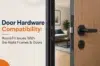 Close-up of a modern door with a black handle, adjacent to text: "Door Hardware Compatibility: Avoid Fit Issues With the Right Frames & Doors." Cozy living room in background.