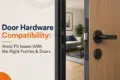 Close-up of a modern door with a black handle, adjacent to text: "Door Hardware Compatibility: Avoid Fit Issues With the Right Frames & Doors." Cozy living room in background.