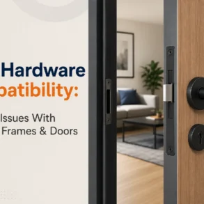 Close-up of a modern door with a black handle, adjacent to text: "Door Hardware Compatibility: Avoid Fit Issues With the Right Frames & Doors." Cozy living room in background.