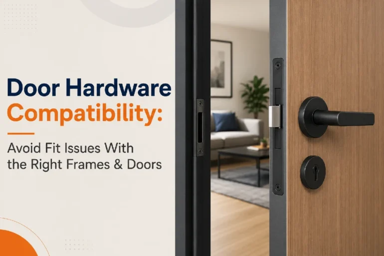 Close-up of a modern door with a black handle, adjacent to text: "Door Hardware Compatibility: Avoid Fit Issues With the Right Frames & Doors." Cozy living room in background.