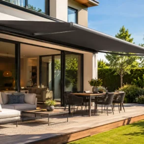 Modern patio with a retractable awning over a wooden deck, featuring a cozy sofa, dining table, and lush garden. The scene exudes relaxation.