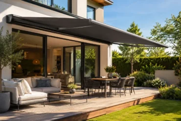 Modern patio with a retractable awning over a wooden deck, featuring a cozy sofa, dining table, and lush garden. The scene exudes relaxation.