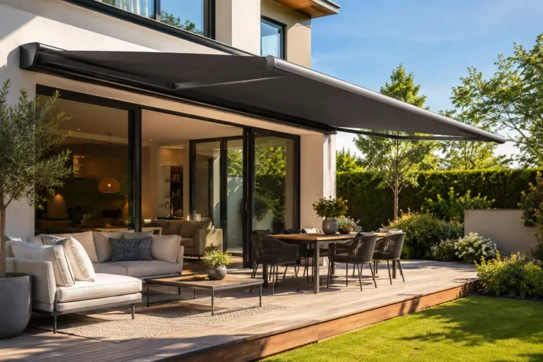 Modern patio with a retractable awning over a wooden deck, featuring a cozy sofa, dining table, and lush garden. The scene exudes relaxation.