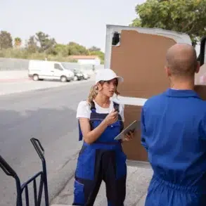 Two delivery workers in blue uniforms unload boxes from a van on a street. The woman holds a clipboard and talks to a male colleague, conveying teamwork.