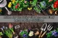 Colorful flowers, gardening tools, watering can, and soil arranged around text about mulch for healthier gardens and easy landscaping.