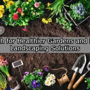 Colorful flowers, gardening tools, watering can, and soil arranged around text about mulch for healthier gardens and easy landscaping.