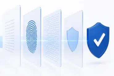 Digital security illustration showing a series of translucent panels: text, fingerprint, dots, shield, and a blue shield with a check mark, conveying protection.