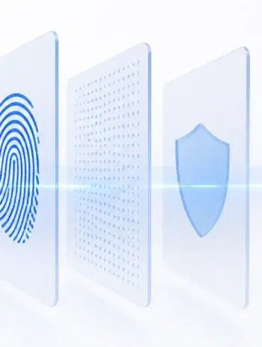 Digital security illustration showing a series of translucent panels: text, fingerprint, dots, shield, and a blue shield with a check mark, conveying protection.
