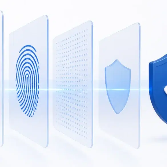 Digital security illustration showing a series of translucent panels: text, fingerprint, dots, shield, and a blue shield with a check mark, conveying protection.