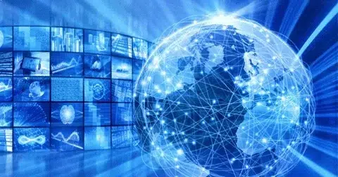 Digital globe with interconnected nodes, surrounded by blue light. In the background, screens display graphs and data, symbolizing global networks.